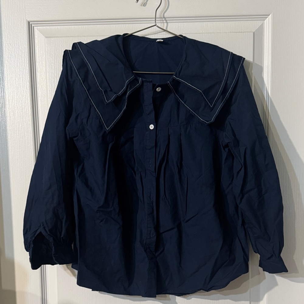 Navy Sailor Collar Button-Front Women’s Shirt